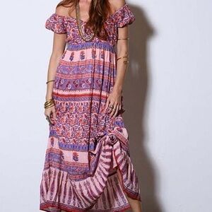 Jens Pirate Booty Off The Shoulder Burning Man Maxi Dress in Purple Hippie Print